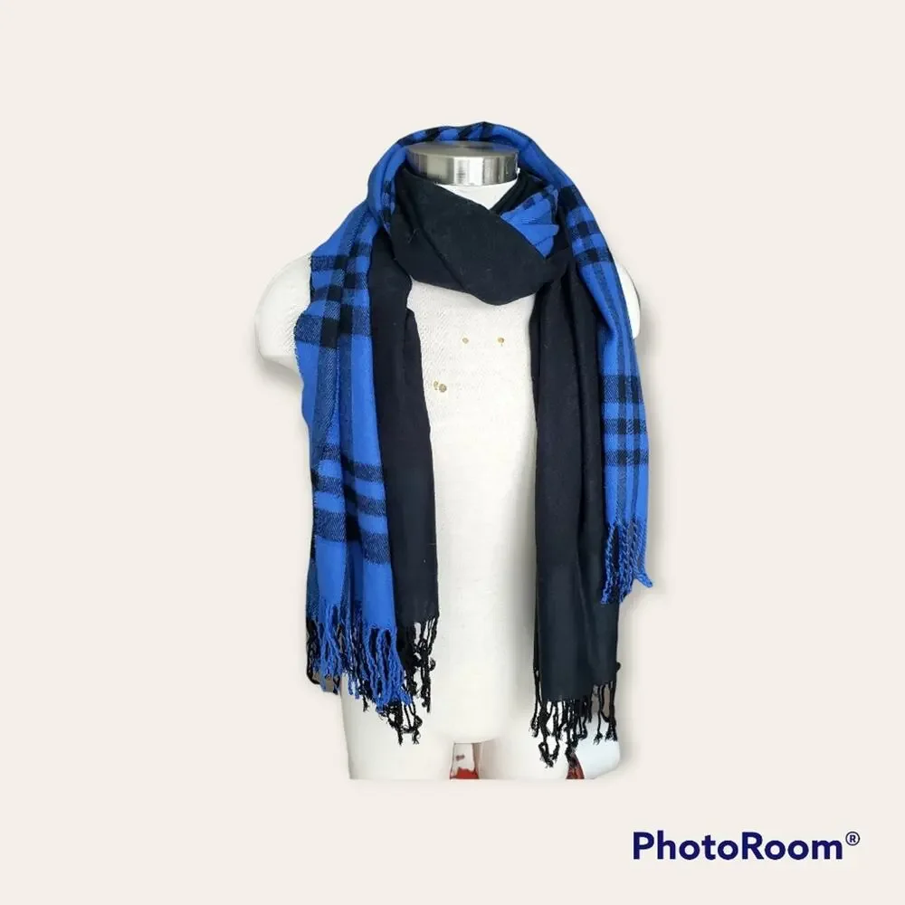 Womens scarf lot fringe black blue plaid OS